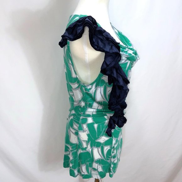 Anthropologie Little Yellow Button Ruched Side Ruffle Print Long Knit Top Tee - Picture 8 of 11